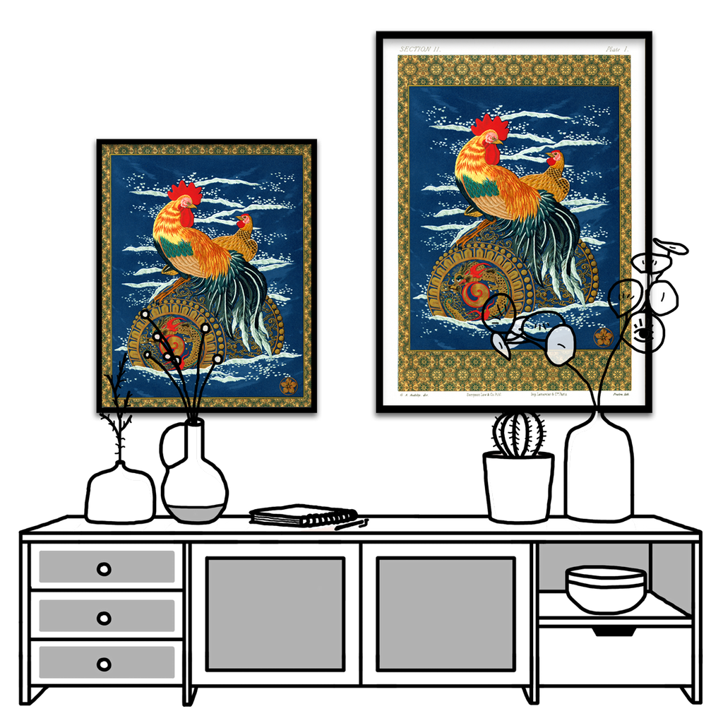 G. A. Audsley, Rooster and hen on a barrel floating in the sea, 1884