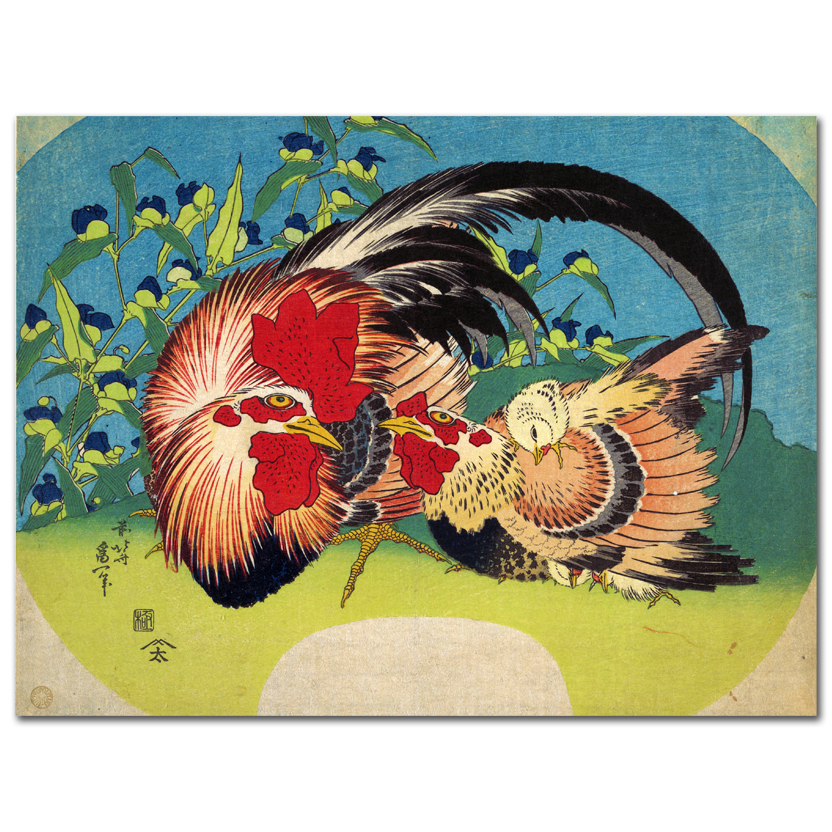 Katsushika Hokusai, Rooster, Hen and Chicken with Spiderwort, 1830-33