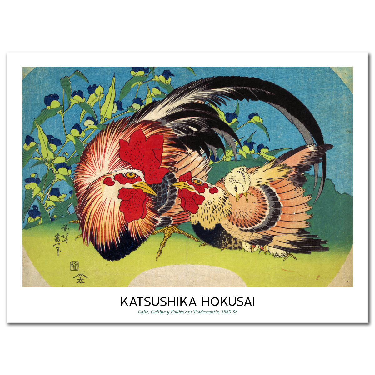 Katsushika Hokusai, Rooster, Hen and Chicken with Spiderwort, 1830-33