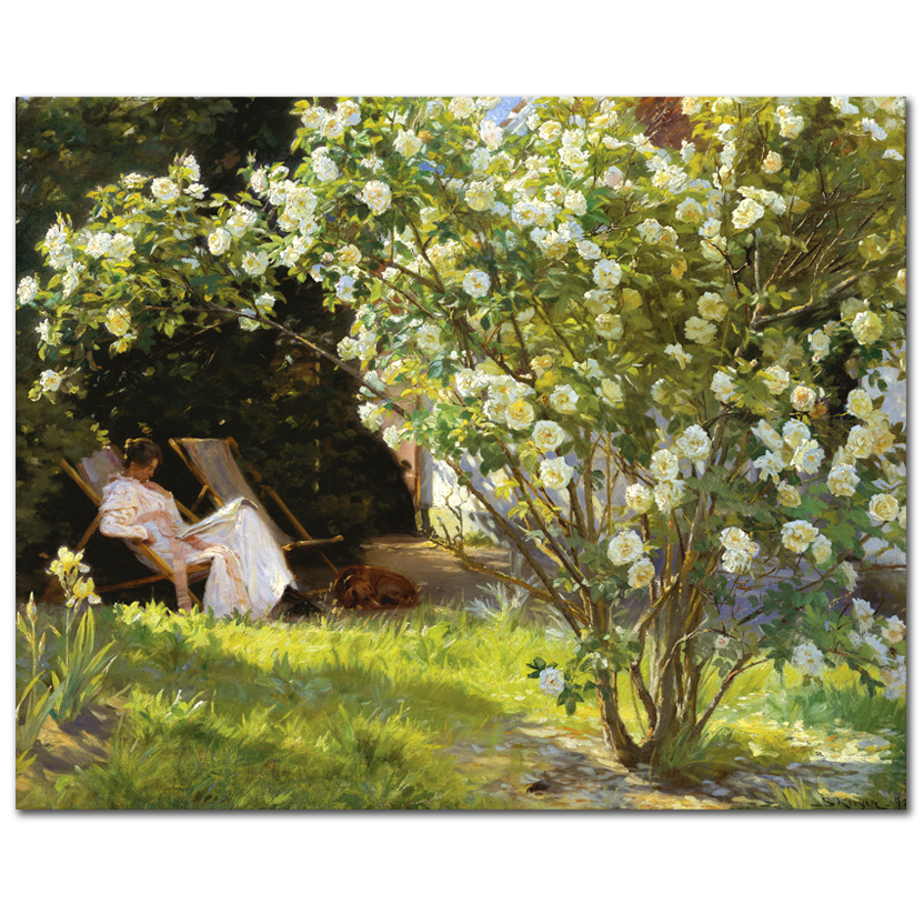 P.S. Krøyer, Roses. Marie Krøyer seated in the deckchair in the garden, 1893
